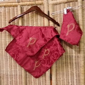 Vtg Cloth Napkins MONOGRAM "P" Set 4 Red Paisley Pattern W/Gold Embroidered